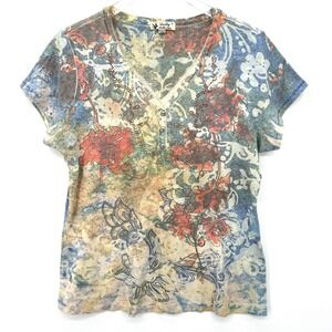 Unity‎ World Wear Boho T-Shirt Size XL Rhinestone Multicolor Short Sleeve Artsy